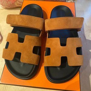 NEW Hermes Women Chypre Suede Brown Naturel Tan Sandals Flats Size 36